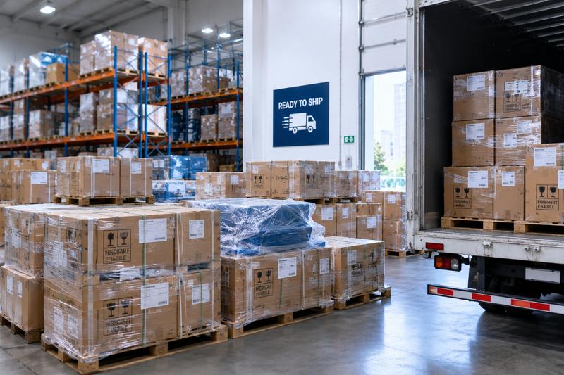 International procurement warehouse with palletized cargo ready to ship