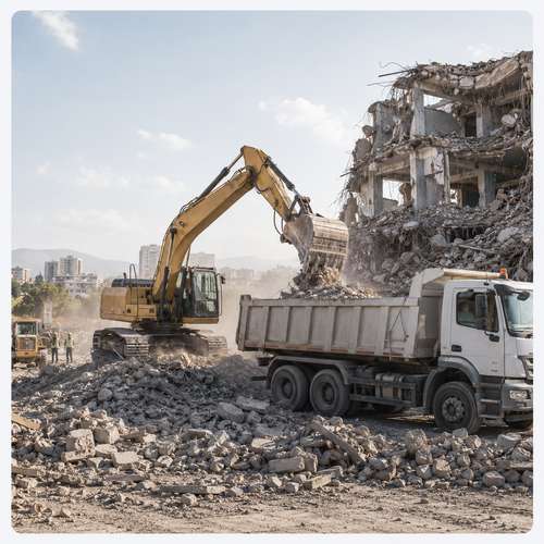 Excavator loading debris into dump truck at demolition site