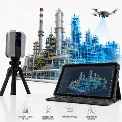 Refinery digitization with laser scanner drone and digital twin on tablet