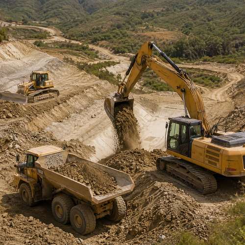 Excavator and articulated dump truck in large-scale earthworks