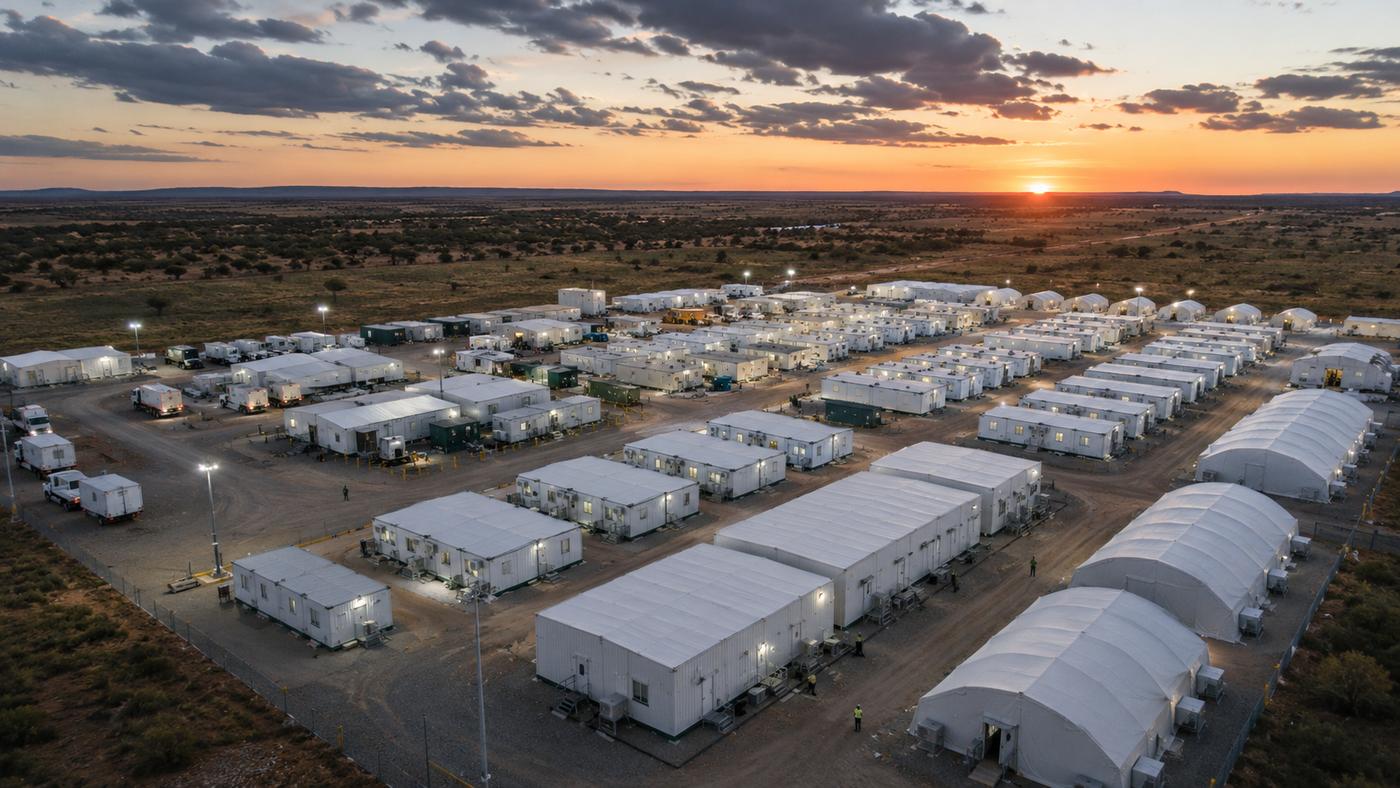 Large-scale camp for oil and gas operations at sunset