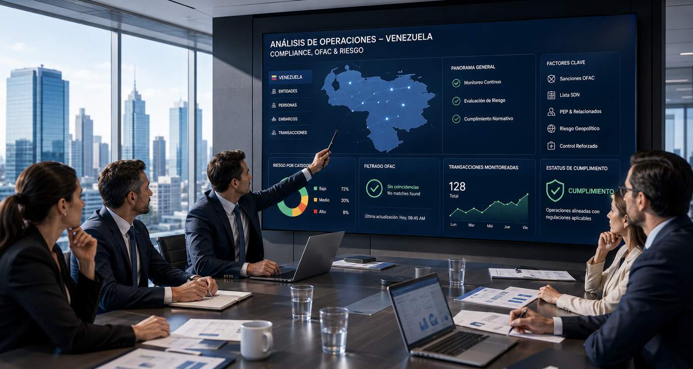 Compliance team analyzing Venezuela OFAC operations dashboard