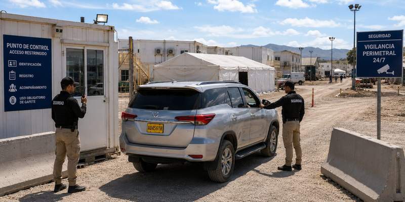 Security checkpoint at camp site with perimeter surveillance