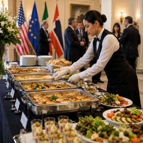 Diplomatic reception catering with international flags