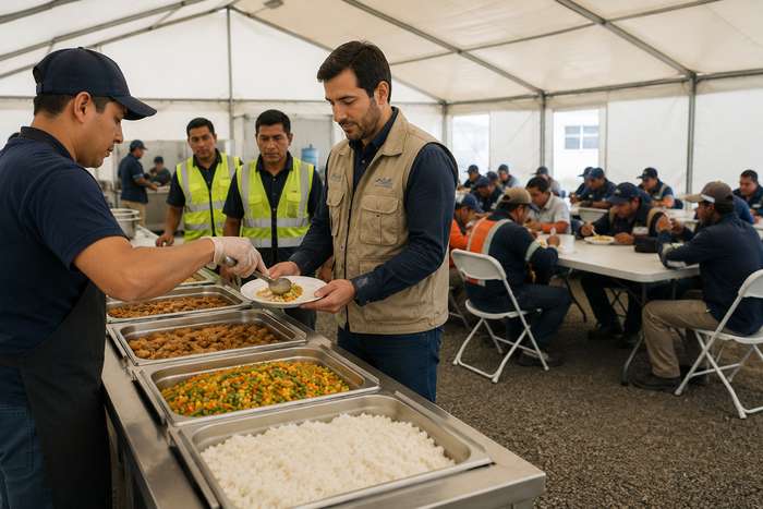 Camp dining tent with workers being served food
