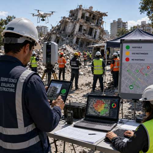 Earthquake response team with structural evaluation equipment and habitability map