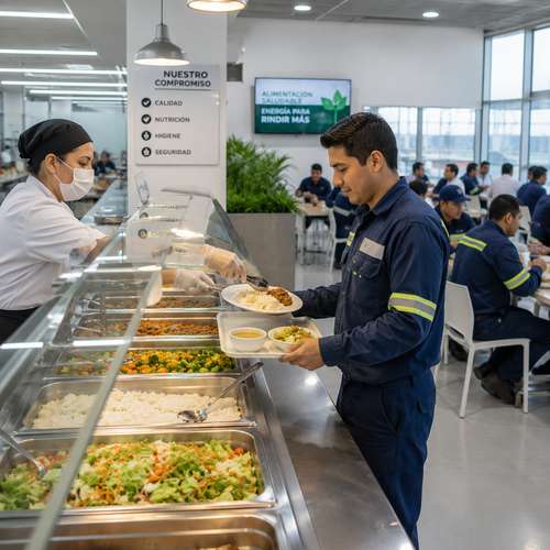 Industrial dining hall with worker being served at buffet line