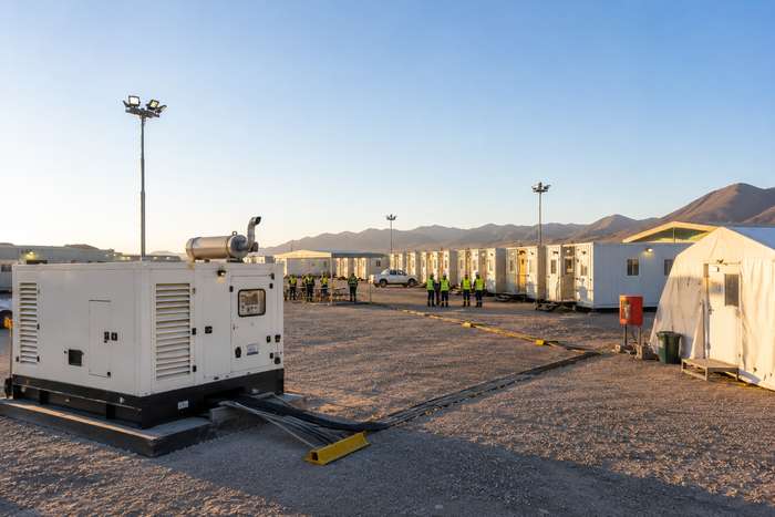 Generator powering emergency camp with workers and modular units