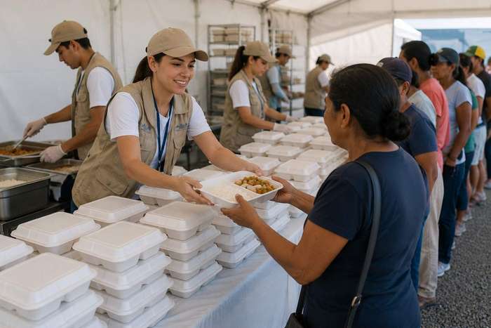 Emergency meal distribution team serving displaced families