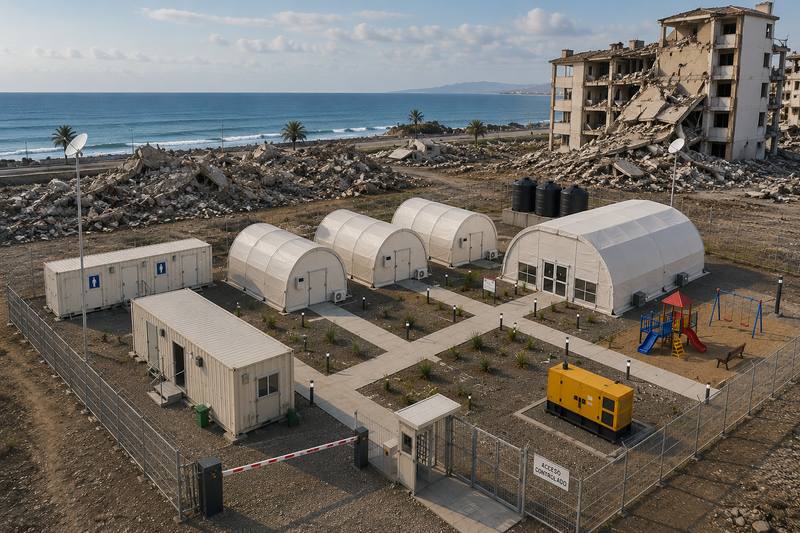 Emergency camp deployed next to earthquake-damaged buildings