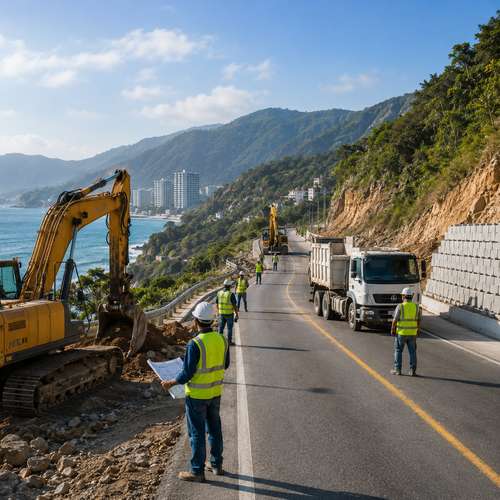 Coastal road reconstruction with heavy equipment and retaining walls