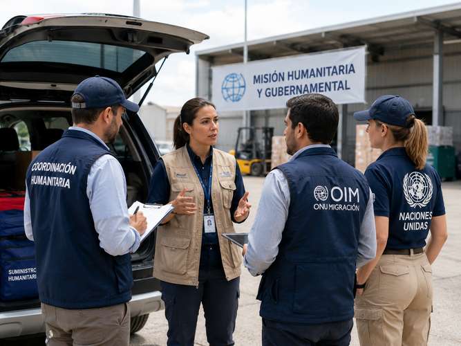 Humanitarian mission coordination team at logistics center