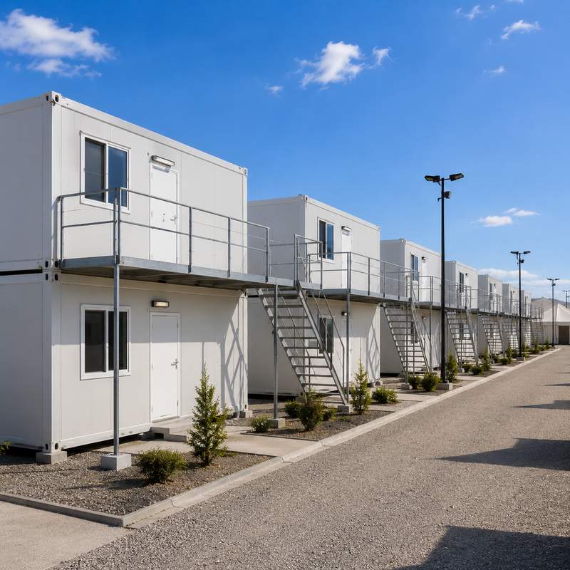 Modular housing units in factory ready for deployment