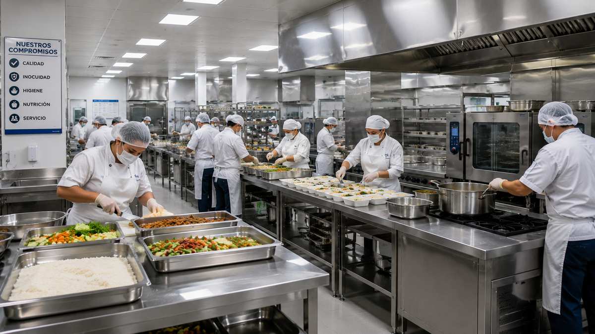 Industrial kitchen with uniformed staff preparing meals at scale