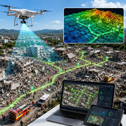UAV drone mapping evacuation routes over earthquake disaster zone