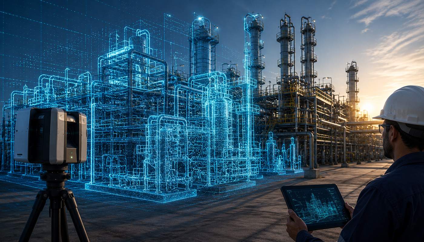 3D laser scanner creating digital twin of refinery at sunset