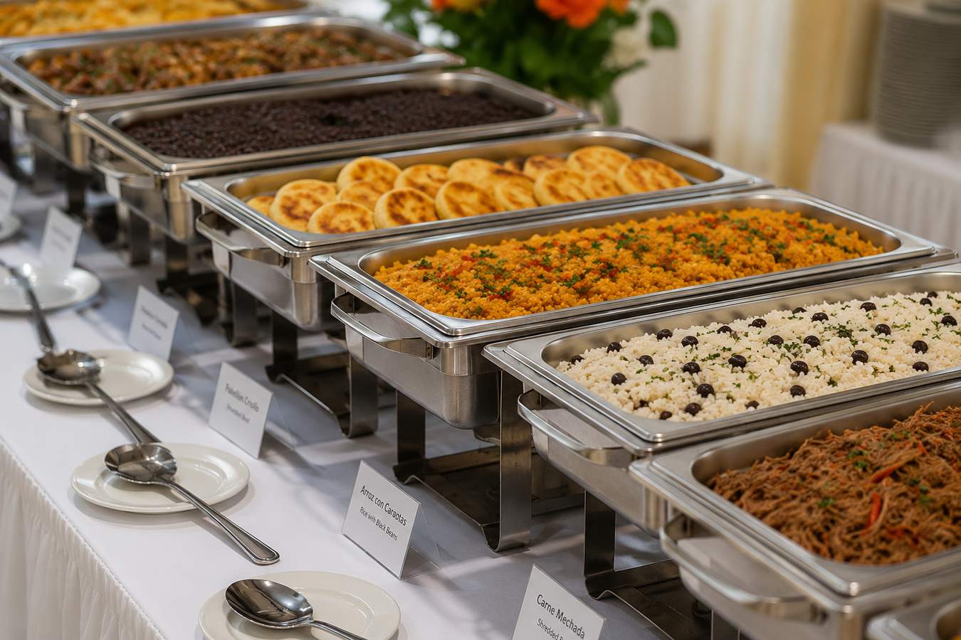 Venezuelan buffet with arepas, pabellon criollo, carne mechada and arroz con caraotas