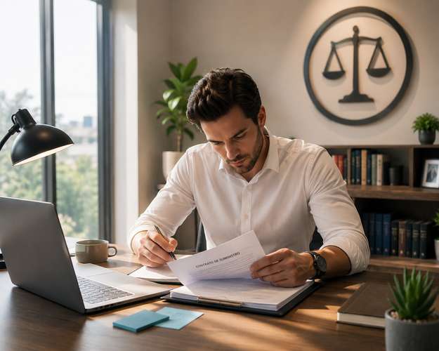 Attorney reviewing supply contract with scales of justice
