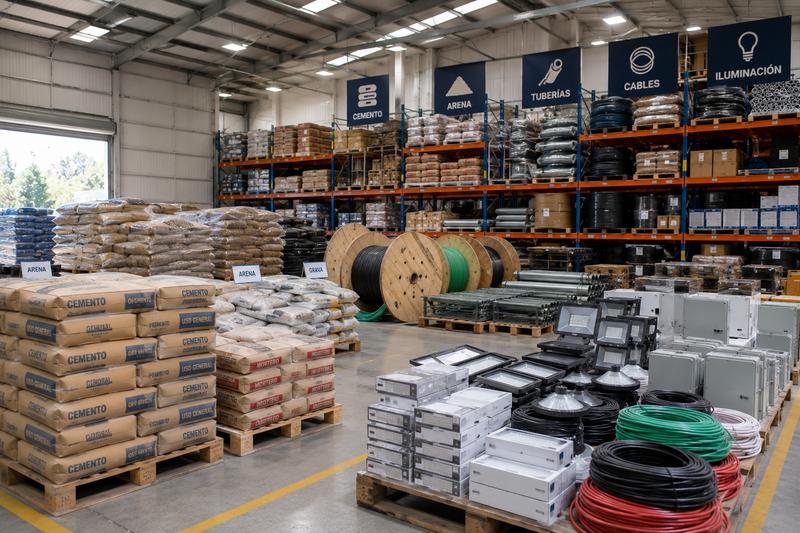 National procurement warehouse with construction materials, cables and lighting