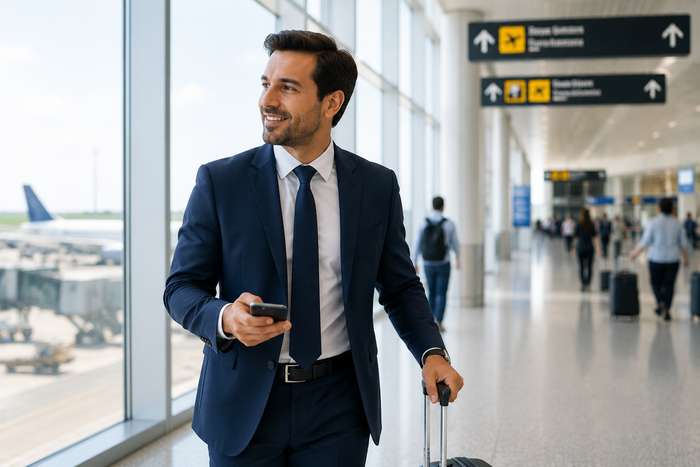 Business executive at airport terminal ready for travel