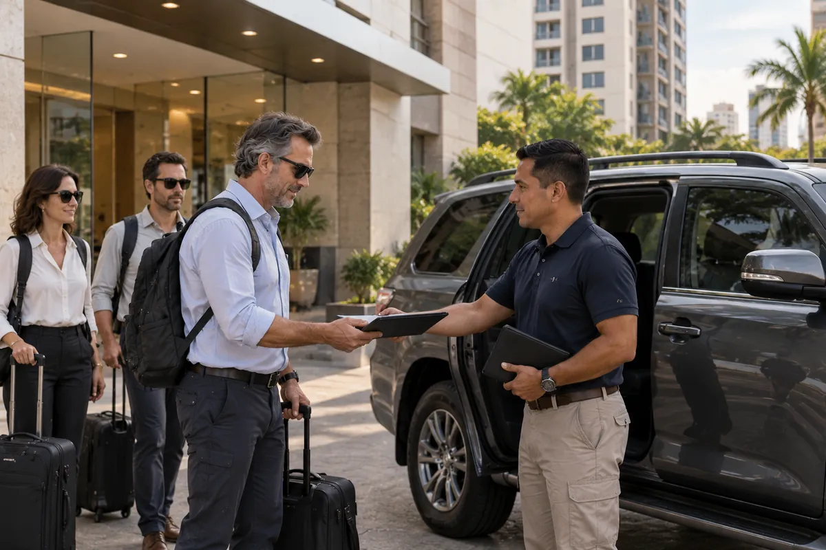 Coordinator handing visa documents to an international engineer beside an executive SUV in front of a residential building in Venezuela