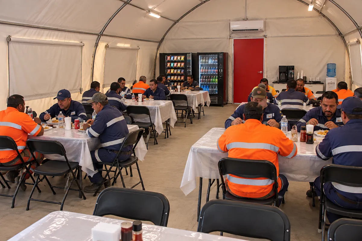 Oil and gas crew having a meal in a camp dining hall under a large-span fabric structure in Venezuela