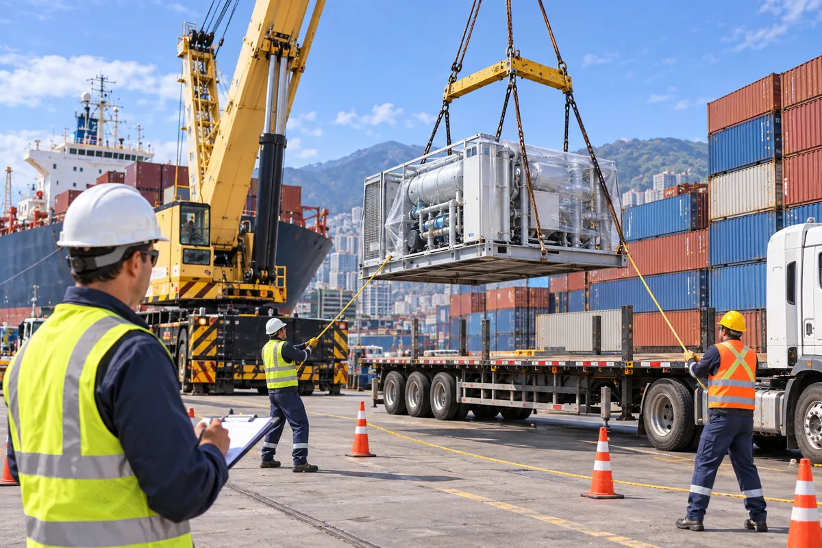 Industrial equipment being unloaded from a cargo ship onto a flatbed truck at a Venezuelan port, supervised by a logistics coordinator